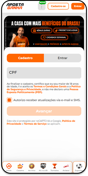 Formulário de cadastro na Aposta Ganhaa