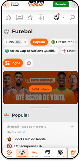 Página de esportes na Aposta Ganha