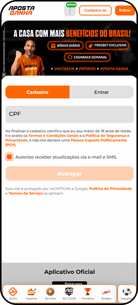 Área de cadastro da Aposta Ganha com espaço para inserir o CPF e destaque para ofertas de bônus diário, freebet e cashback semanal