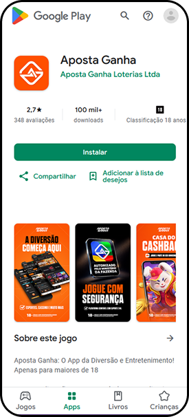 Aposta Ganha app disponível na Play Store, com mais de cem mil downloads e 348 avaliações