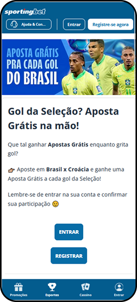 Promoção da Sportingbet que oferece aposta grátis a cada gol da Seleção Brasileira no jogo Brasil x Croácia