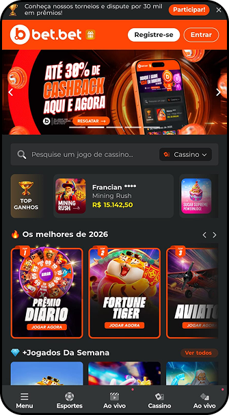 Cassino Bet.bet com cashback de até 30% e jogos destacados Prêmio Diário, Fortune Tiger e Aviator