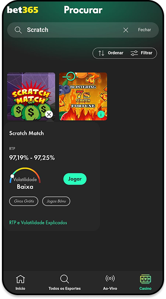 Raspadinhas na bet365 com o jogo Scratch Match e RTP entre 97,19% e 97,25%