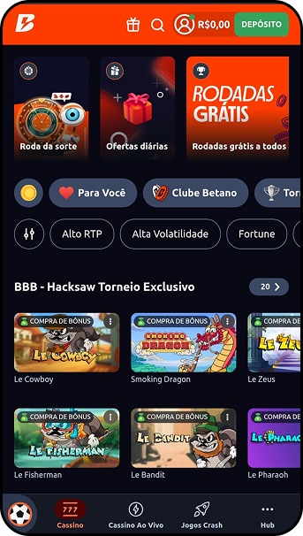 Cassino Betano com rodadas grátis diárias, torneio BBB Hacksaw exclusivo e filtros de alta volatilidade