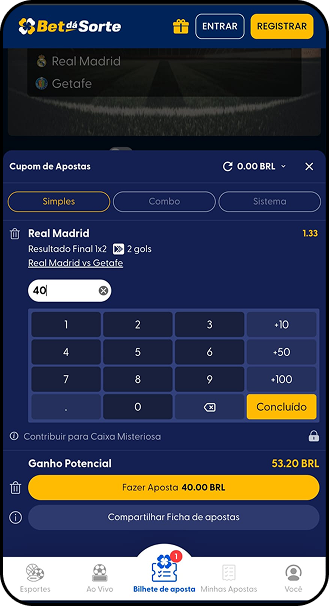 Aposta na Bet da Sorte no mercado Resultado Final em jogo do Real Madrid