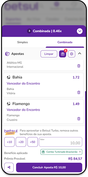 Bilhete de Combo Turbinado Brasileirão na Betsul com Flamengo para Vencer contra o Cruzeiro