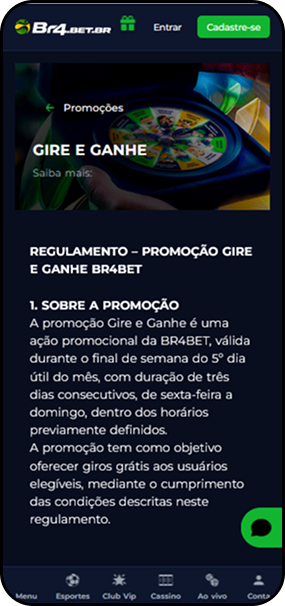 Promoção de giros grátis na Br4bet disponível para usuários cadastrados