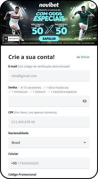 Área de cadastro da casa de apostas Novibet apresentando a promoção de odd 50 para o jogo São Paulo x Palmeiras