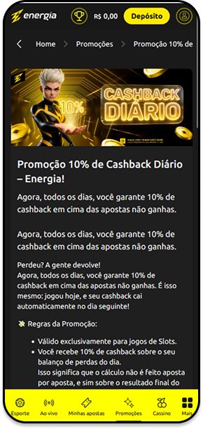 Cashback diário de 10% na Energia Bet 