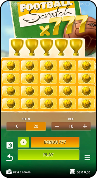 Raspadinha Football Scratch 777 com 20 células para raspar e multiplicador de até 777x