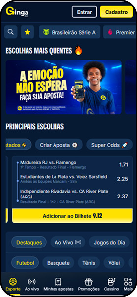 Gingabet apresentando o recurso Criar Aposta e bilhetes prontos
