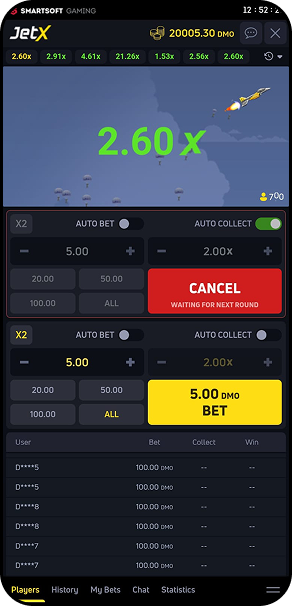 Crash game JetX com multiplicador de 2.60 e um aposta confirmada