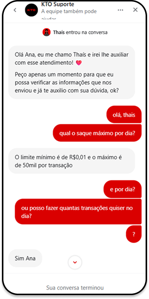 Suporte da KTO respondendo sobre saque máximo diário no chat ao vivo