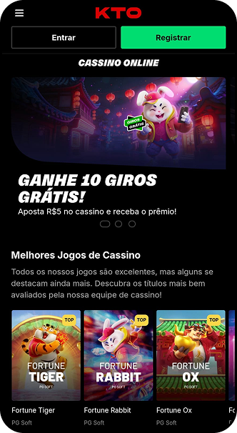 Cassino online KTO com promoção de 10 giros grátis e jogos Fortune Tiger, Fortune Rabbit e Fortune Ox
