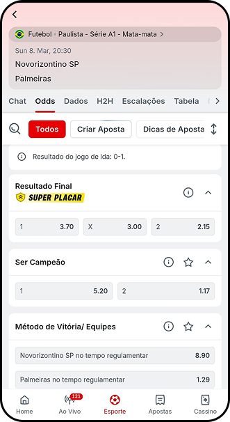 Mercados para Novorizontino x Palmeiras na plataforma Superbet, com destaque para o Resultado Final com Pagamento Antecipado