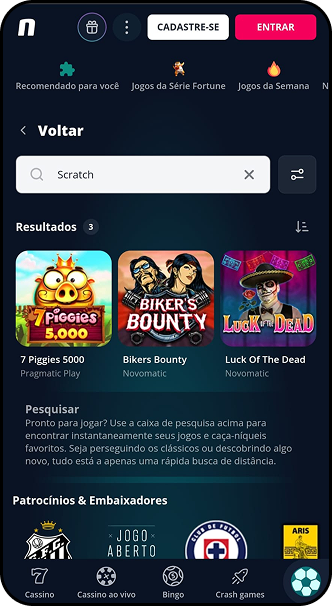 Raspadinhas na Novibet com três jogos disponíveis: 7 Piggies, Biker's Bounty e Luck of the Dead