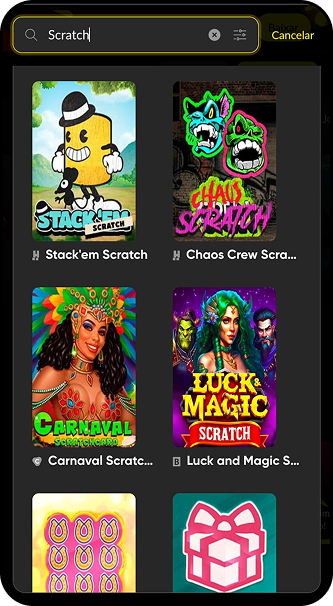 Raspadinhas disponíveis na BetBoom, incluindo Stack'em Scratch, Chaos Crew Scratch, Carnaval Scratchcard e Luck and Magic Scratch`
