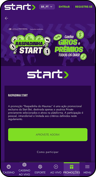Promoção Raspadinha Start na Start Bet com giros e prêmios diários para usuários Private selecionados
