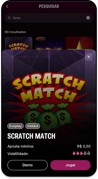 Jogo Scratch Match na Superbet com aposta mínima de R$0,50 e volatilidade média