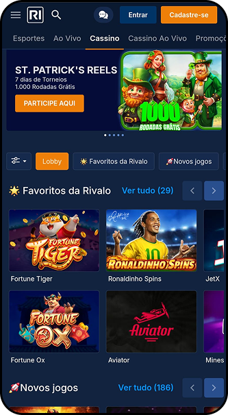 Cassino Rivalo com torneio St. Patrick's Reels e favoritos Fortune Tiger, Ronaldinho Spins e Aviator