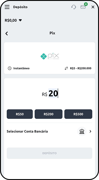Depósito no cassino Betano via Pix instantâneo com opções de valores R$50, R$200 e R$500
