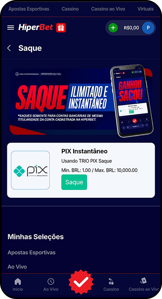 Saques com limite de R$10.000 na casa de apostas Hiperbet.