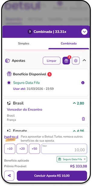 Bilhete montado com Seguro Data Fifa na Betsul