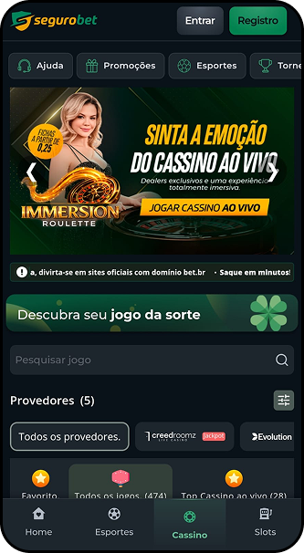 Cassino ao vivo Segurobet com Immersion Roulette e busca por jogo da sorte personalizado