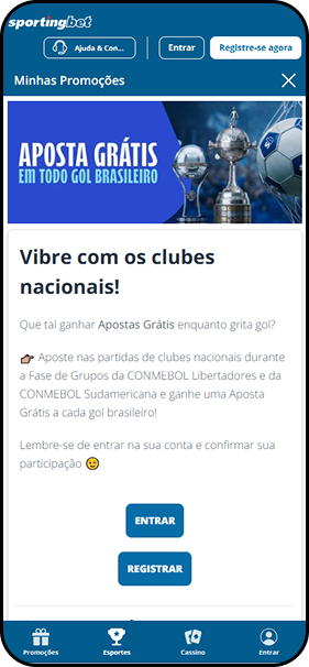 Aposta grátis na Sportingbet em competições como Libertadores e Sul-Americana sempre que um gol brasileiro for marcado
