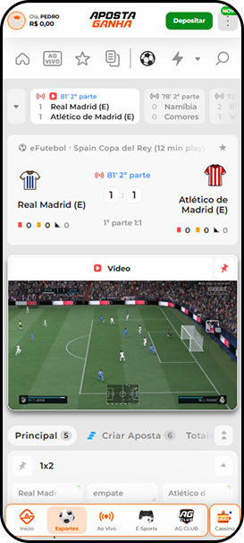 Transmissão ao vivo de Real Madrid x Atlético de Madrid na Aposta Ganha com placar 1 a 1 no 2º tempo