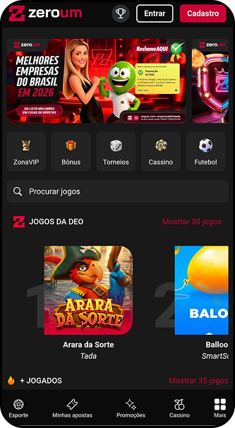 Cassino Zeroum destacando jogos Arara da Sorte e Balloo com seções de bônus e torneios
