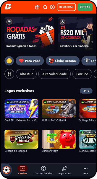 Cassino da Betano com promoções de rodadas grátis e cashback de até R$20 mil e jogos exclusivos como Desafio do Mengão e Bank of Piggy