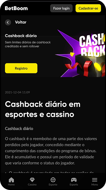 Promoção de cashback diário da BetBoom em esportes e cassino sem limites e sem rollover