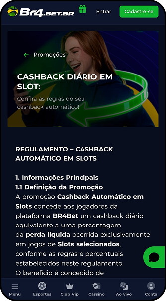 Promoção de cashback automático em slots da Br4Bet com regulamento e condições da oferta