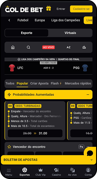 Apostas ao vivo na Gol de Bet para Liverpool x PSG pelas quartas de final da Champions League com odds turbinadas