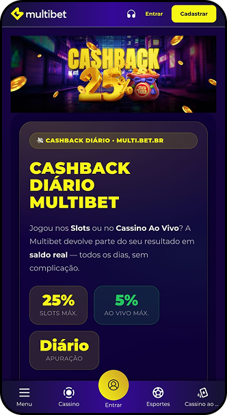 Promoção de cashback diário da Multibet com até 25% em slots e 5% no cassino ao vivo