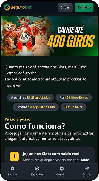 Promoção da Segurobet com até 400 giros extras automáticos para quem apostar a partir de R$25 em slots