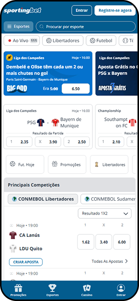 Apostas ao vivo na Sportingbet com destaque para PSG x Bayern de Munique na Liga dos Campeões e odds para CONMEBOL Libertadores