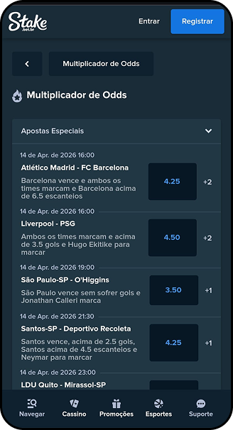 Multiplicador de Odds da Stake com apostas especiais em Atlético Madrid x Barcelona, Liverpool x PSG e Santos x Deportivo Recoleta