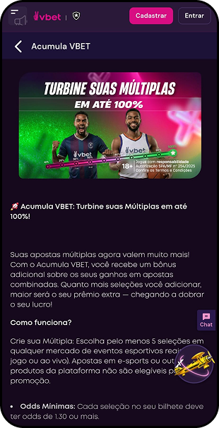Promoção Acumula Vbet com bônus de até 100% em apostas múltiplas a partir de 5 seleções