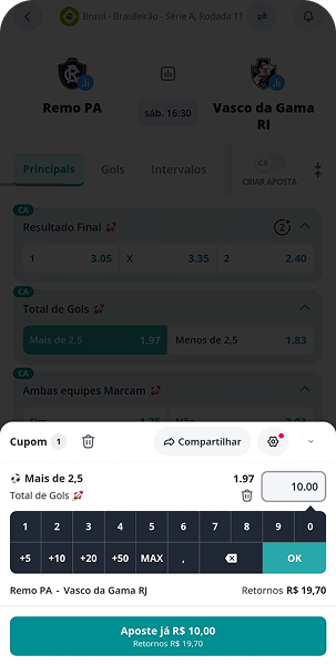 Aposta de R$10 em mais de 2,5 gols no jogo Remo x Vasco da Gama pela Série A na Novibet com retorno de R$19,70