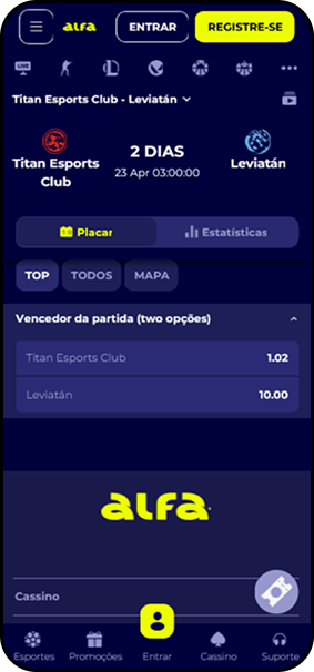 Aposta em Rainbow Six na Alfa Bet para Titan Esports Club x Leviatán com odds de 1.02 e 10.00
