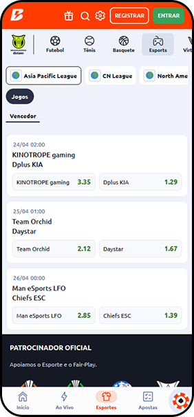 Apostas em Rainbow Six na Betano com jogos da Asia Pacific League e CN League com odds disponíveis
