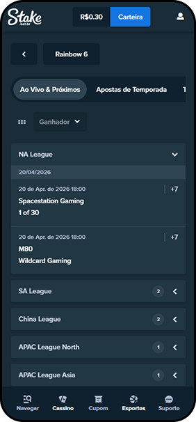 Apostas em Rainbow Six na Stake com jogos da NA League, SA League, China League e APAC disponíveis
