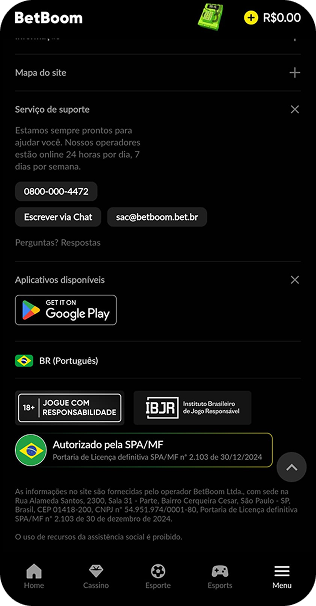 Canais de suporte da Betboom com telefone 0800, chat e e-mail, além da licença SPA/MF e selo de jogo responsável
