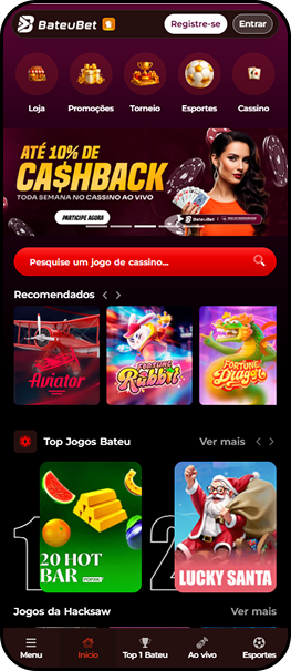 BateuBet com cashback de até 10% no cassino ao vivo e jogos recomendados como Aviator, Fortune Rabbit e Fortune Dragon