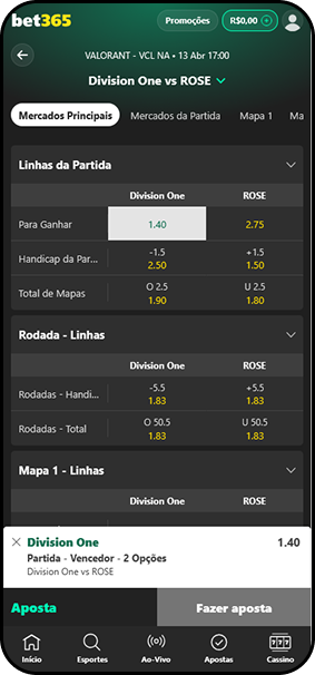 Odds para Division One vs ROSE na VCL NA com mercados de vencedor, handicap e total de mapas na bet365
