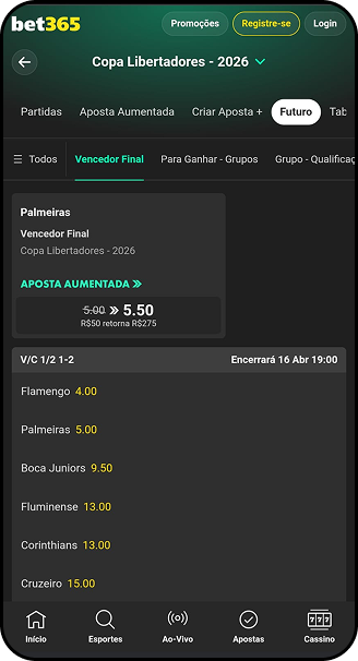 Odds para vencedor final da Copa Libertadores 2026 na bet365 com Flamengo a 4.00 e Palmeiras a 5.00