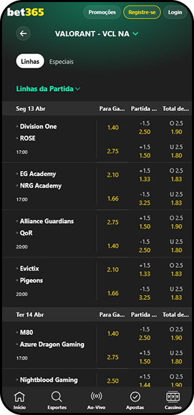 Lista de jogos da VCL NA com odds para partidas como Division One vs ROSE e M80 vs Azure Dragon na bet365
