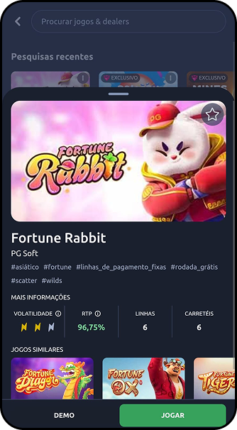 Jogo Fortune Rabbit da PG Soft na Betano com RTP de 96,75%, 6 linhas e 6 carretéis